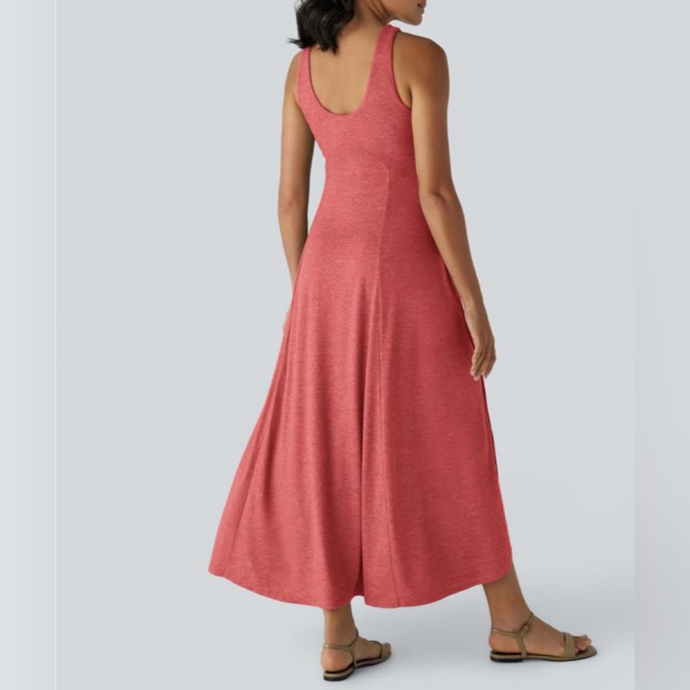 Halara U neck Flowy Maxi dress Sleeveless Side slit Coral Size S NWT Comfy Soft - Picture 2 of 11